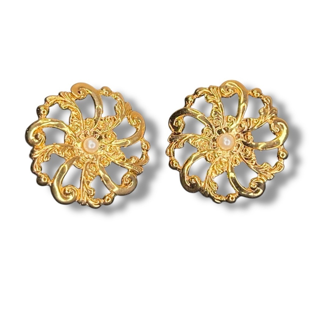 Vintage Avon Gold Tone Filigree Earrings Faux Pearl Accent Ornate Wedding Event